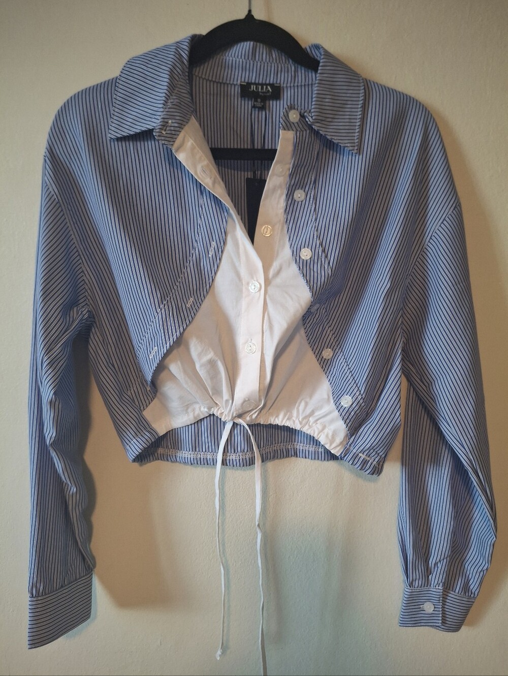 Blue & White Striped Cropped Drawstring Shirt